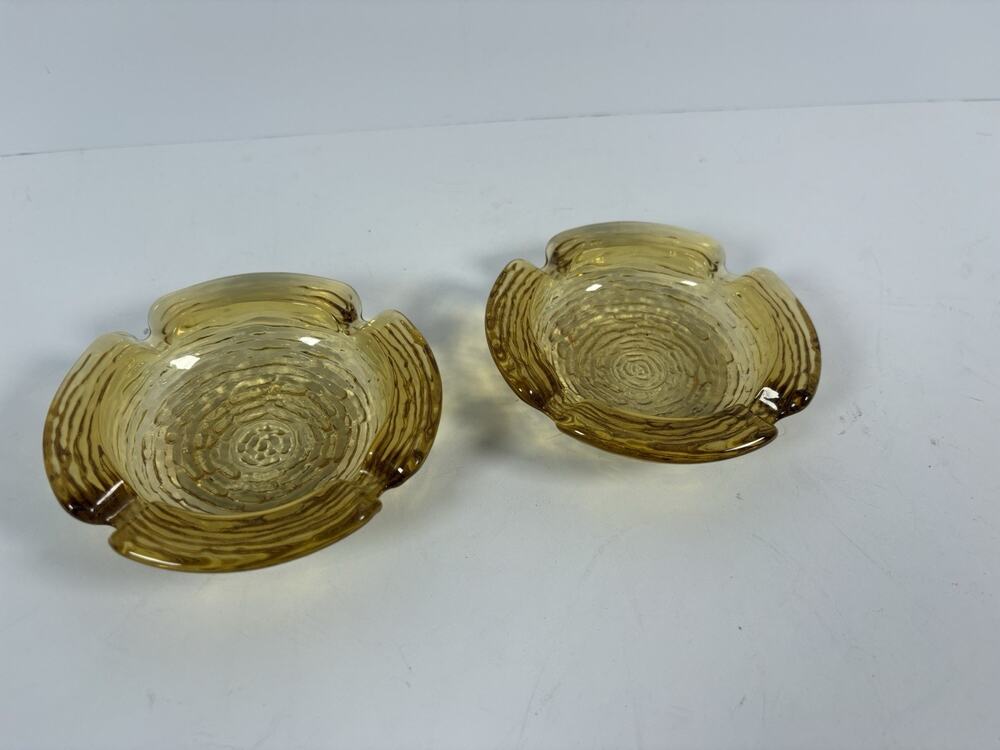 Vintage Anchor Hocking Soreno Amber Glass Ashtrays Pair 4 Inch MCM Bark Texture